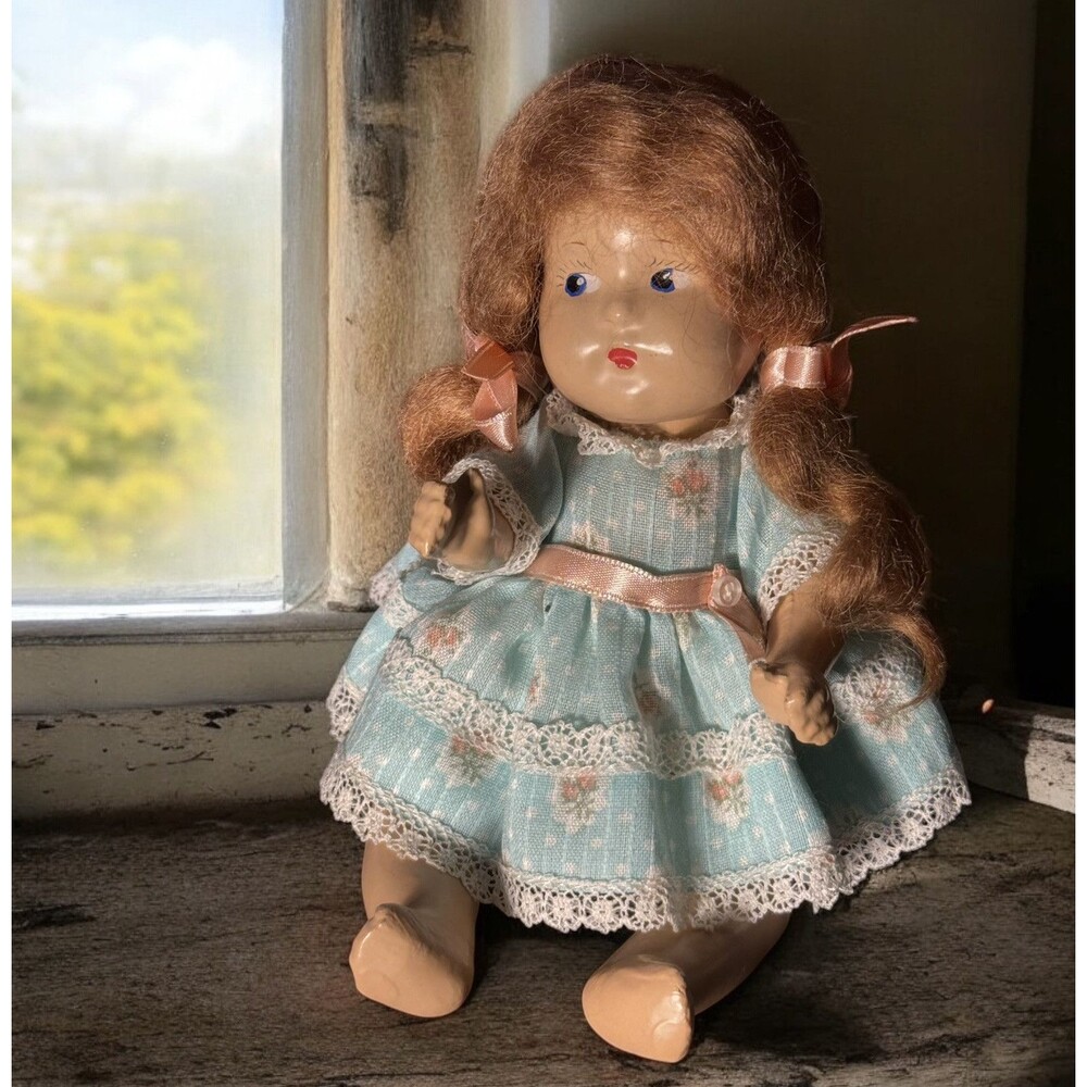 Vintage 40s Mini Doll Bisque Red Hair Floral Dress 7”